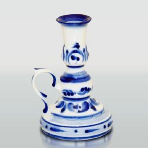 NWT Gzhel Porcelain Candle Holder Hand-made Unique Imported Signed